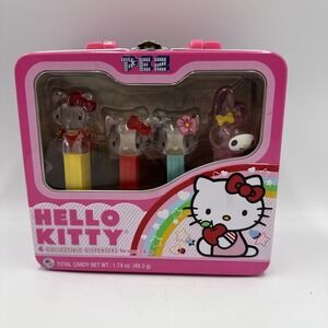 Hello Kitty My Melody CRYSTAL PEZ Candy Dispenser Set Pink Tin Lunchbox Retired